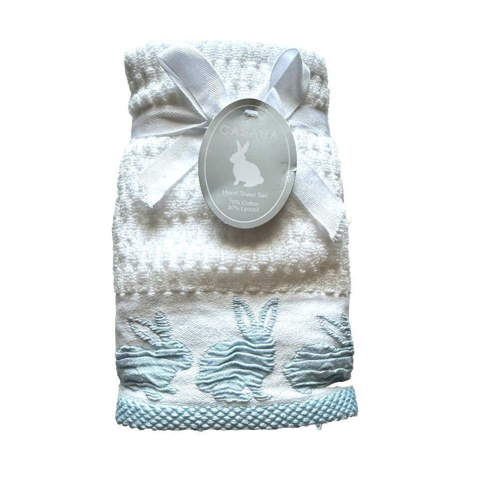 Casaba Hand Towels Easter Baby Appliqued Embroidered White Blue Bunnies Set of 2